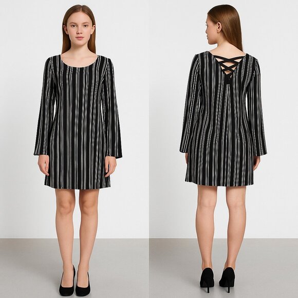 Speechless Black White Stripe Long Bell Sleeve Lace Up Back Mini Dress Womens M - Picture 1 of 10